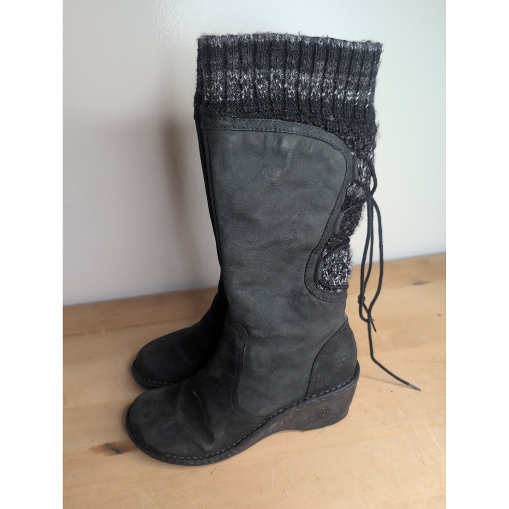 UGG Women's Skylair Tall Black Suede Sweater Knit Wedge Boots 1936 US Size 9